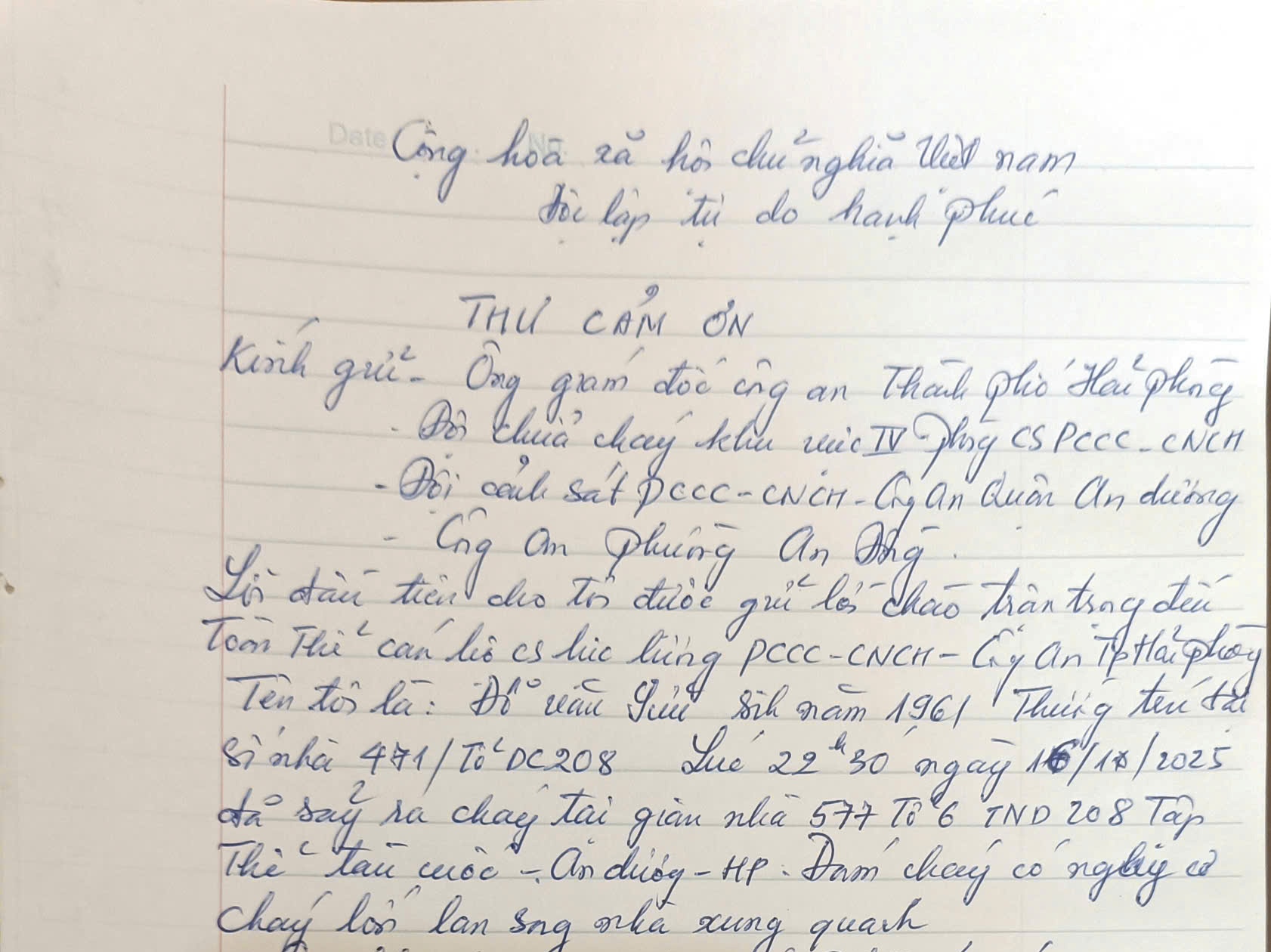 Nhân dân gửi thư cảm ơn lực lượng Công an đã dập tắt vụ cháy ra tại quận An Dương